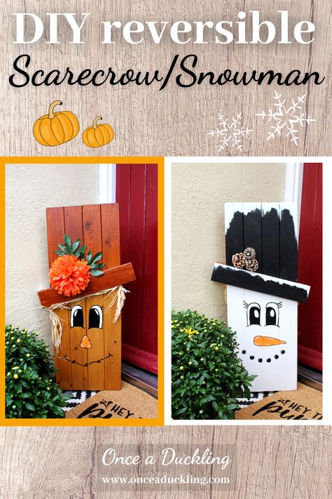 I love how this reversible scarecrow/snowman has turned out for our front garden. I made this one from some old bed slats we had for ages, but you can easily make a similar one from old pallet wood too. It's a great fun way to welcome visitors and it's a real win/win to get both your autumn and your winter decorating done! Not to mention it's a great budget option too! Snowman And Scarecrow Reversible, Reversible Scarecrow And Snowman, Wooden Snowmen Diy Front Porches, Pallet Turkey, Pallet Buster, Scarecrow Painting, Wood Scarecrow, Scarecrow Decorations, Wood Pallet Crafts