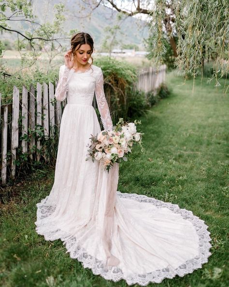 Elizabeth Cooper Design posted on Instagram: “Fern gown knows how to rock a long sleeve- but did you know that the sleeve length on any of our…” • See 1,216 photos and videos on their profile. Embroidered Wedding Dress Modest, Boho Wedding Dress Lds, Long Puff Sleeve Modest Elegant Wedding Dress, Boho Wedding Dress With Sleeves, Modest Bride, Sweep Train Wedding Dress, Modest Bridal Gowns, Modest Bridal, Train Wedding Dress