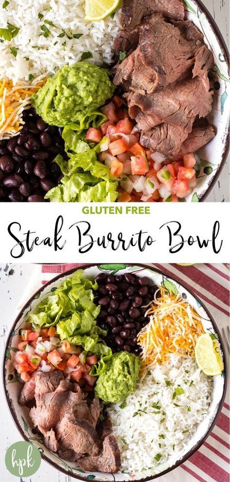 This Steak Burrito Bowl recipe is better than Chipotle and so easy to make. Just grill the flank steak and combine with your favorite toppings! Easy Weeknight Dinners Healthy Gluten Free, Healthy Meats To Cook For Dinner, Dinner Recipes With Lettuce, Healthy Beef Burrito Bowl, Healthy Summer Dinner Recipes Steak, Low Formal Meals, Healthy Carne Asada Bowl, Steak Fajita Rice Bowl, Clean Dinners For Two