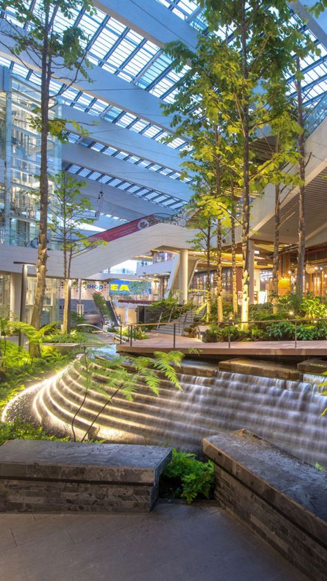 Mega Food Walk at Mega Bangna | LANDSCAPE COLLABORATION Modern Water Feature, Dreamscape Architecture, Mall Design, Landscape Landscape, Landscape Architecture Design, Landscaping Supplies, Landscape Plans, Green Space, Office Building