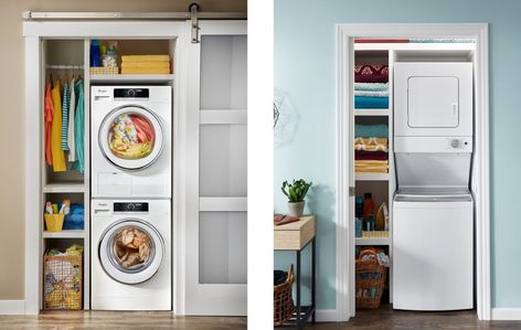 Small Washer And Dryer, Washer Dryer Kitchen, Pallet Deck Diy, Compact Appliances, Stackable Washer And Dryer, Appliances Design, Laundry Decor, Laundry Closet, Washer Dryer Combo