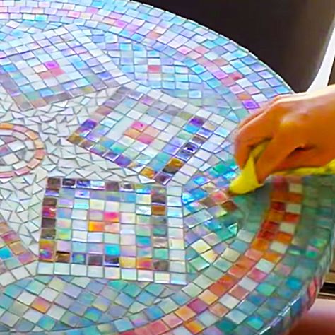 Mosaic Tables, Mosaic Art Easy, Mosaic Table Top Diy Outdoor, Diy Outdoor Mosaic Table, Making A Mosaic Table Top, Grouting Mosaics, Diy Mosaic Garden, Mirror Mosaic Table Top, Mosaic Round Table Top