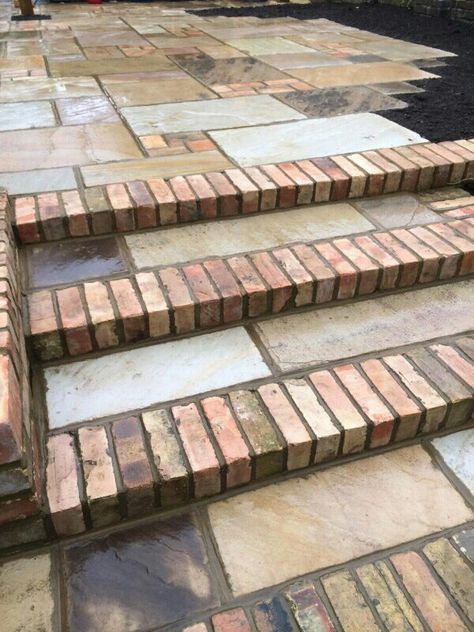 Reclaimed Brick steps Reclaimed Brick Steps, Brick Patio Steps, Reclaimed Brick Garden, Reclaimed Brick Patio, Reclaimed Brick Wall, Brick Wall Gardens, Front Porch Stone, Backyard Resort, Brick Patterns Patio