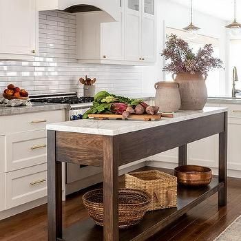 Freestanding Oak Island on Wheels - Cottage - Kitchen Freestanding Island, Marble Top Kitchen Island, Brass Kitchen Island, French Style Kitchen, Island On Wheels, Marble Kitchen Island, Light Blue Kitchens, Freestanding Kitchen Island, Rustic Wood Floors