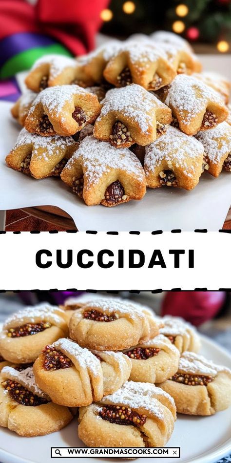 Indulge in the rich flavors of Cuccidati, traditional Sicilian fig cookies filled with a spiced fig filling and drizzled with icing. These soft, sweet treats are perfect for holiday gatherings or anytime you want a taste of Sicily! Italian Christmas Desserts, Fig Dessert, Fig Cookies, Easy Christmas Candy Recipes, Cookie Glaze, Cookie Recipes Chewy, Cookie Recipes Unique, Fig Recipes, Jam Cookies