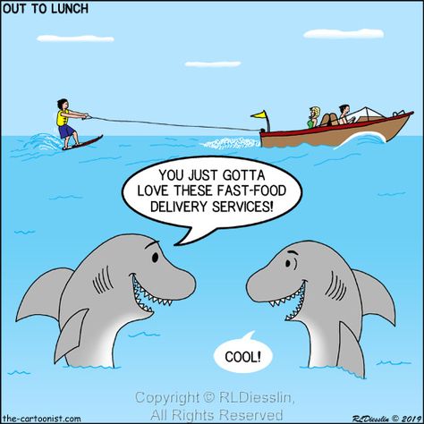 Shark Fast-Food Delivery Service. An Out to Lunch Cartoon by Rich Diesslin. Keywords: Diesslin, OTL, Out to Lunch Cartoon, shark, fast-food, delivery service, water skiing, motor boat, ocean, food. Shark Week Funny, Shark Jokes, Ocean Food, Funny Animal Images, Food Delivery Service, Cartoon Shark, Funny Riddles, Motor Boat, Summer Funny