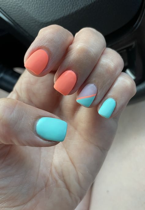 Summer Nails Teal Aqua, Teal Nail Color Combos, Neon Pink And Teal Nails, Coral And Blue Nails Summer, Coral Turquoise Nails, Orange And Teal Nails Summer, Tiffany Blue And Pink Nails, Teal Coral Nails, Tiffany Inspired Nails