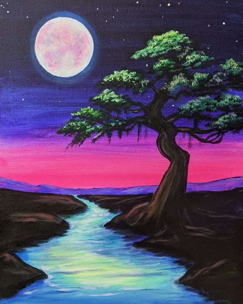 The amethyst sky Over an emerald stream A scene that bedazzles ike a Jewel toned dream. Sunset Landscape Painting Acrylic, Sky And Tree Painting, Night View Painting Easy, Diy Sip And Paint Canvas Ideas, Sip N Paint Ideas, Easy Sip And Paint Ideas Step By Step, Paint And Sip Ideas Step By Step, Paint Night Ideas Step By Step, Sip And Paint Ideas For Beginners