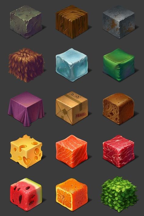 Textures Digital Art, Texture Drawing, Hand Painted Textures, Casual Art, Isometric Art, Digital Texture, Cube Design, Material Textures, Digital Painting Tutorials