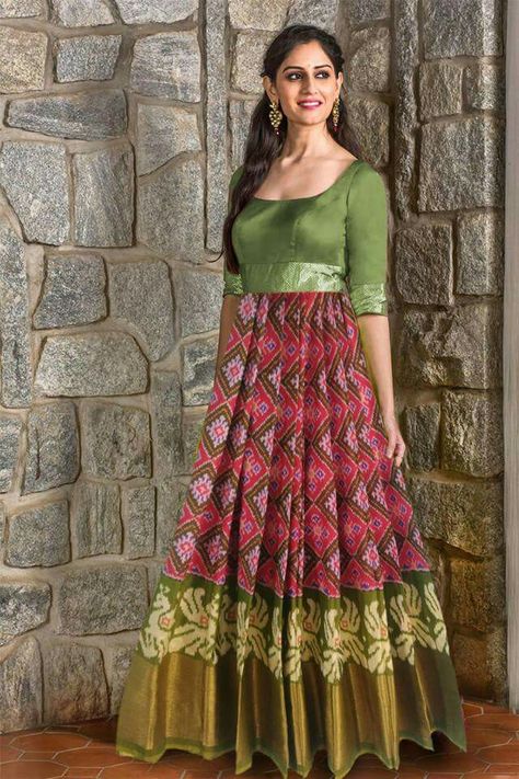 Box pleated gown Pleated Gown Indian, Box Pleat Lehenga, Ikkat Dresses, Blouse Designs High Neck, Long Frock Designs, Long Gown Design, Pleated Gown, Anarkali Dress Pattern, Long Frock