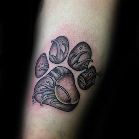 Tennis Ball And Fur 3d Dog Paw Male Arm Tattoo Tennis Ball Tattoo Dog, Tennis Ball Tattoo, Dog Paw Tattoo Ideas, Paw Tattoo Ideas, Pawprint Tattoo, Dog Paw Tattoo, Paw Tattoo, 3d Dog, Tattoo Designs For Men