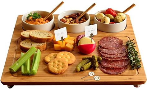 Amazon.com | Picnic at Ascot Bamboo Cheese Board/Charcuterie Platter - Includes 3 Ceramic Bowls with Bamboo Spoons & Cheese Markers -13"x 13"- Designed and Quality Checked in the USA: Cheese Plates Cheese Markers, Bamboo Care, Charcuterie Plate, Cheese Board Set, Cheese Knife Set, Charcuterie Platter, Board Charcuterie, Dip Bowl, Cheese Plate