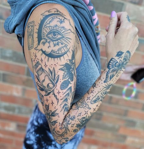 Random Tattoo Arm Sleeve, Gothic Style Sleeve Tattoo, Full Sleeves For Women Tattoo, Symmetrical Arm Tattoo Women, Leg Sleeves For Females Traditional, Sparkle Tattoo Sleeve Filler, Filler Designs For Tattoos, Traditional Tattoo Art Filler, Womens Quarter Sleeve Tattoo Upper Arm