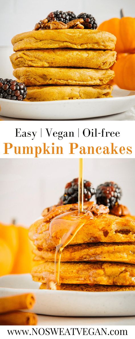 Vegan Pumpkin Pancakes (Oil-free WFPB) These Vegan Pumpkin Pancakes are light, fluffy, and full of fall spices. Serve as your big Sunday brunch or batch cook and freeze for easy breakfasts throughout the week. Top with maple syrup, pecans, and berries for an epic morning meal! Plant Based Pumpkin Pancakes, Vegan Pumpkin Oat Pancakes, Vegan Pumpkin Spice Pancakes, Vegan Pumpkin Protein Pancakes, Vegan Pumpkin Pancakes Easy, Egg Free Pumpkin Pancakes, Gluten Free Vegan Pumpkin Pancakes, Paleo Vegan Breakfast, Pumpkin Pancakes Vegan