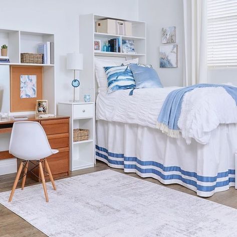 Save this pin for trendy dorm room inspiration in blue and white colors! Elevate your college living space with these stylish ideas. #DormDecor #CollegeLife #HomeDecorationIdeas #BlueAndWhiteDecor White Dorm Room Ideas, Blue And White Dorm Room, Blue And White Dorm, White Dorm Room, Blue Couch Living, Dorm Bed Skirts, Blue Couch Living Room, Dorm Headboard, Blue Dorm