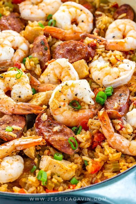 Jambalaya is an appetizing mix of bold creole spices, long grain rice, vegetables, shrimp, chicken, and andouille sausage. #jambalaya #neworleans #creole via @foodiegavin Creole Jambalaya, Cajun Jambalaya, Chicken Paella, Seafood Mix, Jambalaya Recipe, Louisiana Recipes, Long Grain Rice, Andouille Sausage, Andouille