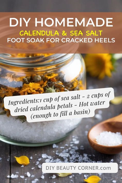 DIY Calendula & Sea Salt Foot Soak for Cracked Heels Cracked Heel Remedy, Epsom Salt Foot Soak, Diy Foot Soak, Cracked Heel, Foot Soak, Cracked Heels, Homemade Remedies, Foot Cream, Rough Skin