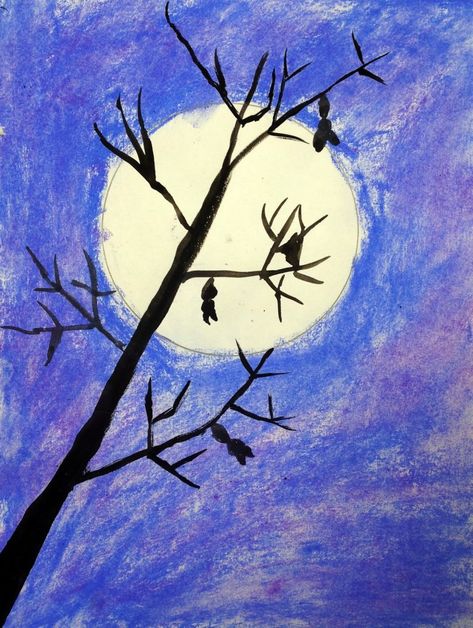 This tree silhouette art is a multimedia project using chalk pastel and tempera cake paint. Pastel Projects, Halloween Art Projects, Chalk Pastel Art, Art Docent, Fall Art Projects, 2nd Grade Art, 4th Grade Art, Classroom Art Projects, Pastel Sec