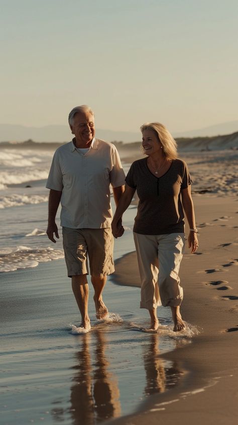 Beachside Couple Stroll: A mature couple enjoys a serene walk along the shore, with gentle waves washing over their feet. #beach #couple #sunset #walk #ocean #mature #serene #shore #aiart #aiphoto #stockcake https://ayr.app/l/XZoe Beach Walk Couple, Couple Walking On Beach, Couple Sunset, Travel Mood, Sunset Walk, Couples Travel, Beach Couple, Vacation Photo, Couples Walking