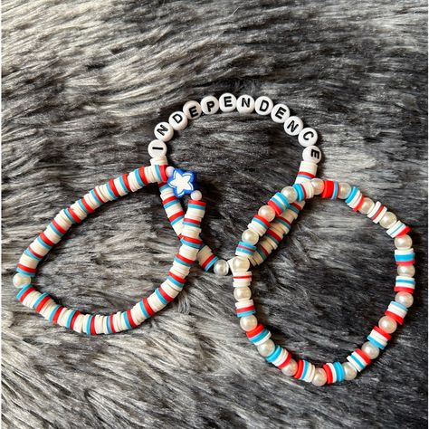 New 4th Of July Stack For Sale! This Stack Includes Three Bracelets With The Same Red White And Blue Color Scheme. #Homemadebracelets #Bracelets #Newbracelets #Claybeadbracelets #Braceletstock #Smallbusiness #Newbracelets #Beutifulbracelets #Smallbuisnessbracelets #Prettybracelets #Braceletsforsale #Newbracelets Sunflower Clay Bead Bracelet, 4th Of July Bracelet Ideas, Red White And Blue Bracelets, Fourth Of July Bracelets, 4th Of July Bracelets, Creek House, String Bracelet Patterns, Homemade Bracelets, Valentines Bracelets