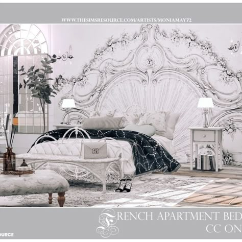 The Sims 4 French Apartment Bedroom. Custom Content was used. Download on The Sims Resource. This room is fully equipped. Download from TSR @TheSimsResource . #TS4 #kitchen #housescc #house #CC #sims4cc #ccfinds #ts4cc #ts4lots #tsr #TheSimsResource #sims4 #thesims4 #Moniamay72 #thesims4 #architecture #thesims4builds #TSR #french #apartment French Apartment Bedroom, Sims 4 Beds, French Style Bedroom, Resource Furniture, Sims 4 Family, French Apartment, Sims 4 Bedroom, The Sims 4 Packs, Sims 4 House Design