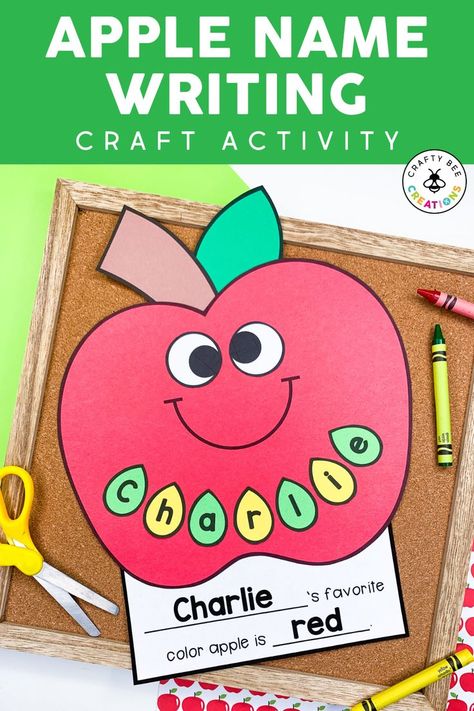 Apple Name Craft, Fall Fine Motor Activities, Fall Science Experiments, Apple Bulletin Boards, Halloween Experiments, Fine Motor Activities For Toddlers, Motor Activities For Toddlers, Candy Corn Crafts, Pre K Art