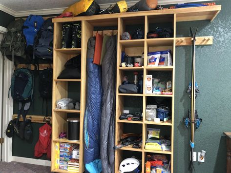 Gear Room, Gear Rack, Garage Storage Organization, Room Storage, Storage Room, Garage Storage, Storage And Organization, Outdoor Gear, Climbing