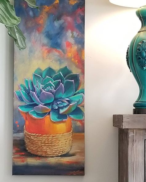 Agave Painting, Painting On Canvas Ideas, Outdoor Murals, Turquoise Lamp, Succulent Painting, Paintings Oil, Flowers Art, Flower Art Painting, Large Painting