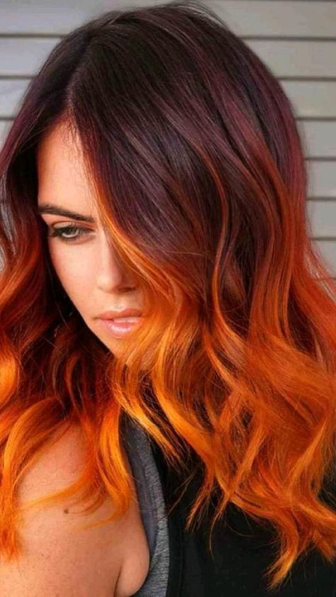 Fire Ombre Hair, Orange Ombre Hair, Cheveux Oranges, Red Ombre Hair, Hair Color Orange, Fire Hair, Brown Ombre Hair, Vivid Hair Color, Ombre Hair Blonde