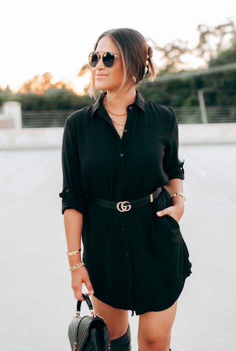 Belt Dress Outfit, Black Shirt Dress Outfit, Gucci Belt Outfit, Belt Outfit, Shirt Dress Outfit, The Rack, Black Shirt Dress, Day Dress, Business Casual Outfits