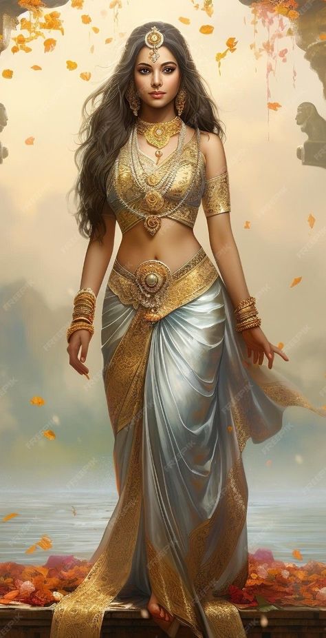 Indian Godesses, Lace Long Skirt, Indian Women Painting, Indian Princess, Mode Kimono, Heroic Fantasy, Indian Goddess, Goddess Dress, Indian Aesthetic