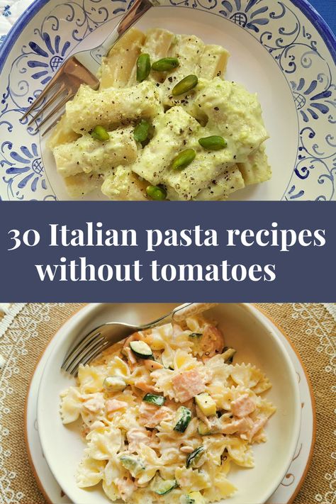 This collection of authentic Italian pasta recipes includes 30 delicious tomato free pasta recipes, all made without tomato sauce or fresh tomatoes. Here you will find both vegetarian, and vegan choices, as well as some with meat and with seafood. So something for everyone! Recipes Without Tomatoes, Authentic Italian Pasta Recipes, Authentic Italian Pasta, Italian Pasta Recipes, Italian Pasta, Delicious Dishes, Authentic Italian, Fresh Tomatoes, Tomato Sauce