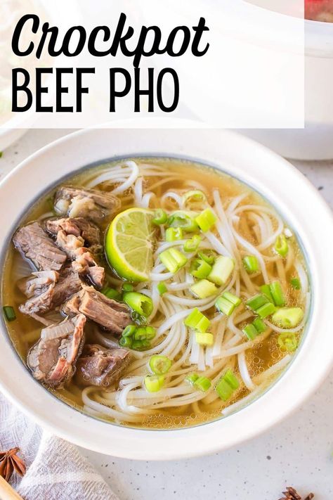 Try this easy slow cooker pho recipe using beef, spices, noodles, and homemade broth. This is such an easy Vietnamese dish made in your trusty slow cooker. Save this recipe for cozy soup season! Slow Cooker Pho, Pho At Home, Beef Pho Recipe, Vietnamese Beef Pho, Beef Spices, Pho Soup Recipe, Homemade Broth, Vietnamese Beef, Healthy Slow Cooker Recipes