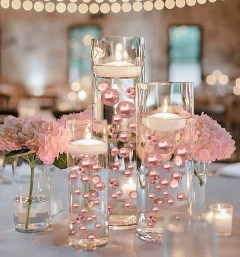 Floating Blush Light Pink Pearls Light Pink Centerpieces, Rose Gold Centerpiece, Blush Centerpiece, Tulip Centerpiece, Pink Centerpieces, Pearl Candle, Gold Centerpieces, Rose Centerpieces, Pink Pearls