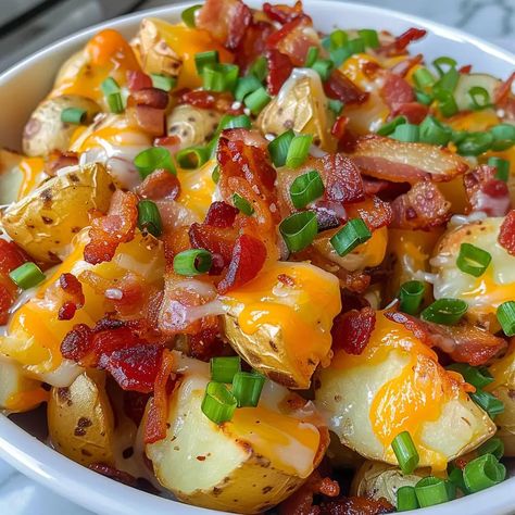 Crockpot Cheesy Bacon Ranch Potatoes Bacon Cheddar Ranch Potatoes, Easy Ranch Potatoes, Ranch Potatoes Crockpot, Crockpot Ranch Potatoes, Ranch Red Potatoes, Potatoes In Crockpot, Cheesy Bacon Ranch Potatoes, Ranch Chex, Potatoes Crockpot