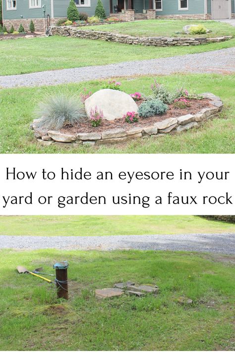 How to Hide an Eyesore in Your Yard or Garden - Life on Kaydeross Creek Covering A Well Pump In Yard, Landscaping To Hide Septic Covers, Diy Flower Bed, Well Pump Cover, Septic Tank Covers, Budget Friendly Diy, Garden Fence Art, Faux Rock, Farmhouse Landscaping