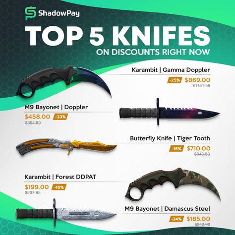 Here is our list of the TOP 5 CS:GO knife skins. Which one is the most beautiful in your opinion? Comment below! #csgo #csgoskins #csgoknife Csgo Knife, Counter Strike, Your Opinion, Cs Go, Damascus Steel, The Top, Most Beautiful, Sculpture, Skin