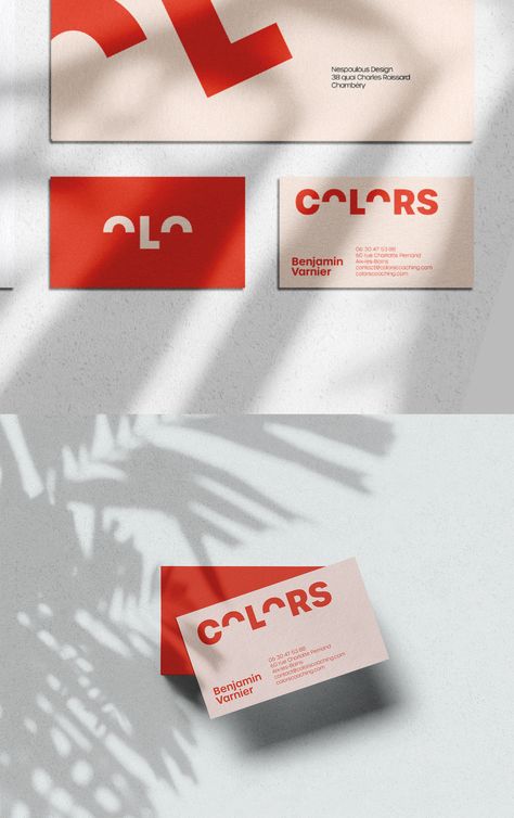 Nespoulous Design designed these business cards for Colors, a wellness and performance enterprise that helps people to develop personally, in their success and accomplishment of projects, self-confidence and personal well-being. #businesscards #branding #identity #graphicdesign #brandinspiration #branddesign #namecards Wellness Business Card Design, Red Brand Identity Design, Brand Collateral Design, Personal Brand Business Card, Personal Cards Design Ideas, Art Brand Identity, Branding Company Logo, Minimalist Business Card Design Creative, Bold Business Card Design