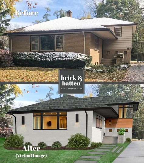 2020 Home Exterior Design Ideas | Blog | brickbatten Brick And Batten, White Painted Brick, Painted Brick Exteriors, Exterior House Renovation, Ranch House Exterior, Painted Brick House, House Makeovers, Exterior House Remodel, Home Exterior Makeover