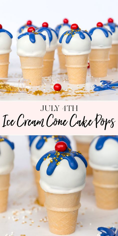 Fourth of July Ice Cream Cone Cake Pops | One of my favorite holidays of the year is almost here!  4th of July is coming so today I'm sharing a simple dessert recipe that will be the hit of your star spangled celebration:  Red White and Blue Ice Cream Cone Cake Pops! || JennyCookies.com #dessert #july4th #fourthofjuly #cakepops Cupcakes Fourth Of July, 4th Of July Cake Pops Easy, Cake Pops Summer, Snow Cone Cake Pops, 4th Of July Bakery Ideas, Fourth Of July Baked Goods, 4th Of July Desserts For Kids, Fourth Of July Cake Pops, Summer Cake Pops