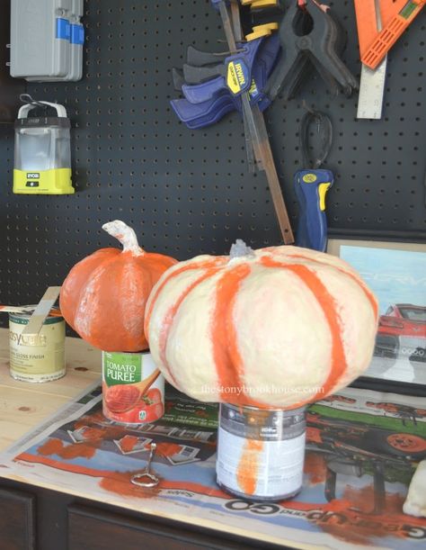 DIY Outdoor Real Looking Pumpkins | The Stonybrook House Diy Fake Outdoor Pumpkins, Diy Pumpkin Decor Outdoor, Diy Pumpkin Outdoor Decor, Diy Pumpkins Outdoor, Diy Big Pumpkin, Diy Outdoor Pumpkins, Pvc Pumpkin, Halloween Outdoors, Witch Decorations