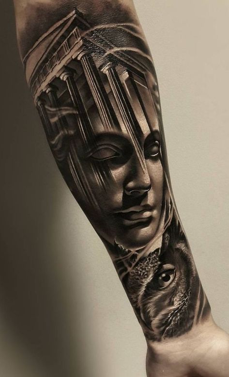 Sculpture Tattoo, Athena Tattoo, Gladiator Tattoo, Zeus Tattoo, Spartan Tattoo, Realistic Tattoo Sleeve, Statue Tattoo, Greek Mythology Tattoos, Men Tattoos Arm Sleeve