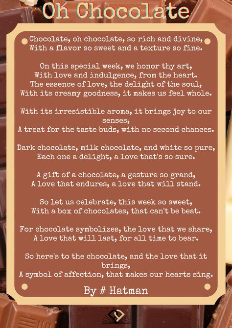 #ChocolateDay is celebrated today as a part of the #Valentine’s Week celebrations in #India. On this day, #loved ones gift each other #chocolates and hope that their #relationship always remains #sweet. My poem #OhChocolate is dedicated to the #Sweetest #treat #Chocolate for more poems like this check out my latest collection here https://www.amazon.com/dp/B0BTC1KBR9 Chocolate Poetry, Positive Poetry, Chocolate Day, Taste Buds, Chocolate Milk, Dark Chocolate, Chocolates, Poetry, Dessert