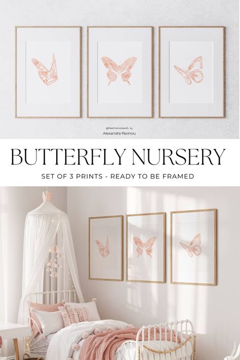 Butterfly Baby Girl Nursery, Butterfly Nursery Themes, Pastel Girls Room, Butterfly Nursery Decor, Blush Pink Wall Art, Elegant Nursery, Butterfly Prints, Pastel Bedroom, Butterfly Room