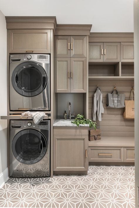 Laundry Combo, Transitional Laundry Room, Grey Laundry Rooms, Stacked Laundry Room, Laundry Room Storage Shelves, Laundry Room/mud Room, Room Storage Diy, Stylish Laundry Room, Dream Laundry Room