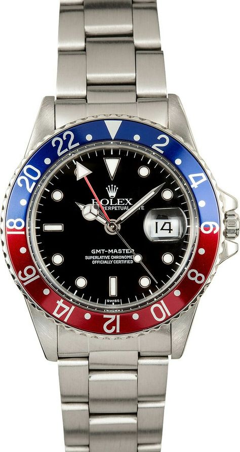 ROLEX GMT-MASTER 16750 RED AND BLUE PEPSI BEZEL Rolex Yachtmaster Ii, Rolex Vintage, Nice Watches, Rolex Usa, Used Rolex, Rolex Yacht Master, Rolex Gmt Master Ii, Used Watches, Rolex Men