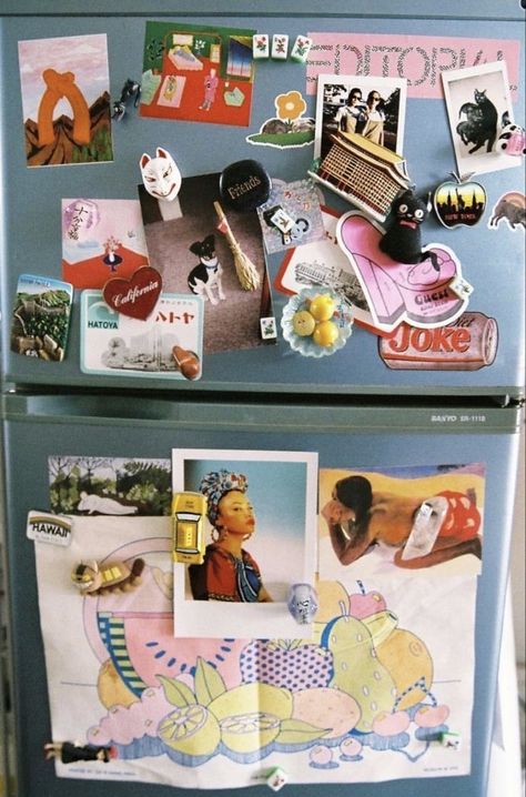 Fridge Art Ideas, Aesthetic Fridge Decor, Clustering Decor, Fridge Collage, College House, Fridge Decor, Dream Apartment, Humble Abode, Apartment Inspiration