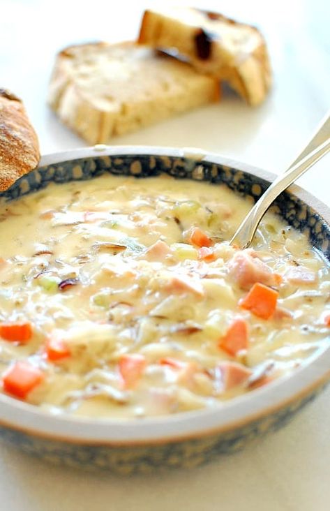 Wild rice soup with ham and cooked vegetables. Ham Wild Rice Soup, Hair Ideas For Winter, Mulled Wine Hair, Minnesota Wild Rice, Soup With Ham, Ham Potato, Cheesy Ham, Rice Soup Recipes, Crockpot Ham