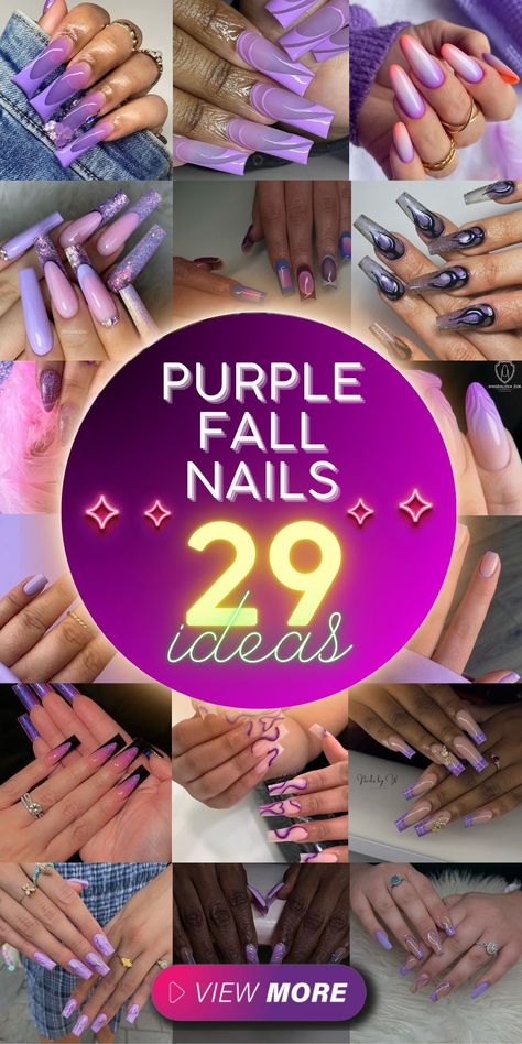 Create stunning autumn looks with purple fall nails and a variety of design ideas. Opt for acrylic short nails in pretty shades like mauve or lilac. Combine purple with light blue or black for a chic aesthetic. Add art designs like glittery accents or pumpkin motifs to capture the essence of the season. Whether you prefer dark and dramatic or cute and playful, these nail ideas will inspire your autumn manicure Purple And Beige Nails, Deep Purple Ombre Nails, Purple Nail Designs Short Nails, Lavender And Purple Nails, Purple Thanksgiving Nails, Two Tone Purple Nails, Lilac Purple Nails Acrylic, Purple Fall Nail Designs, Different Shade Of Purple Nails