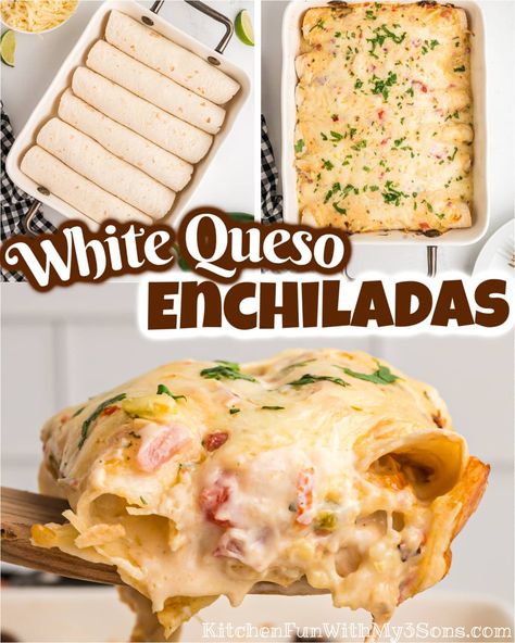 Chicken Enchiladas With White Cream Sauce, White Cheese Sauce For Enchiladas, Cheese Enchiladas With Queso Sauce, Chicken Enchiladas With Cheese Sauce, Cheese Enchilada Recipe With Queso, Queso Sauce For Enchiladas, Queso Chicken Burritos, Easy Cheesy Chicken Enchiladas, Recipes Using Velveeta Queso Blanco